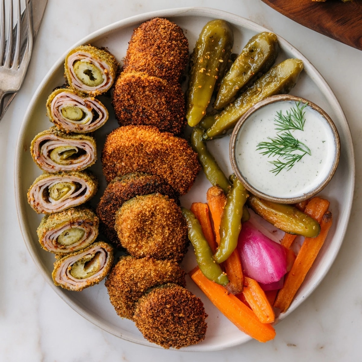 Close-up shows a crispy &quot;Pickle Lovers Meal&quot; with fried pickles and ranch dressing.