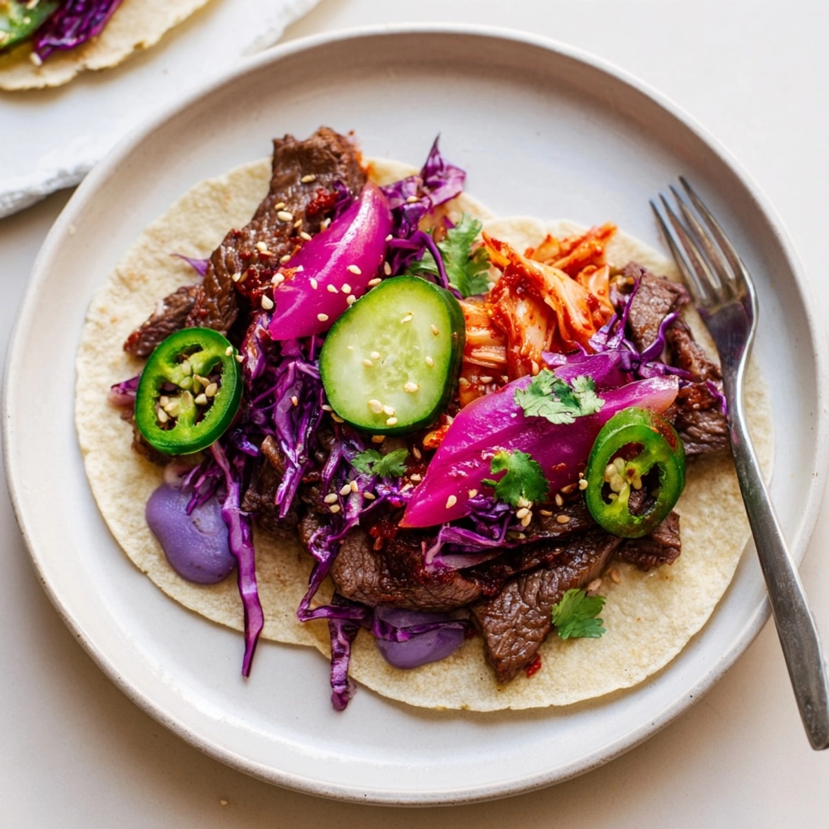 Close up of Global Street-Food Fusion Tacos & Bowls, ube crema drizzled on savory fillings.