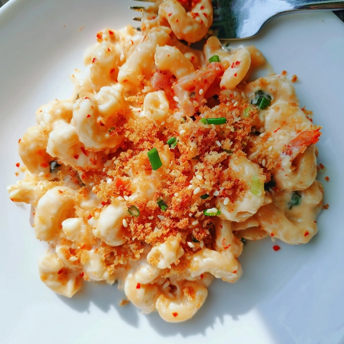 Golden, bubbly Spicy Kimchi Mac & Cheese, baked until perfect, a delicious cheesy fusion.