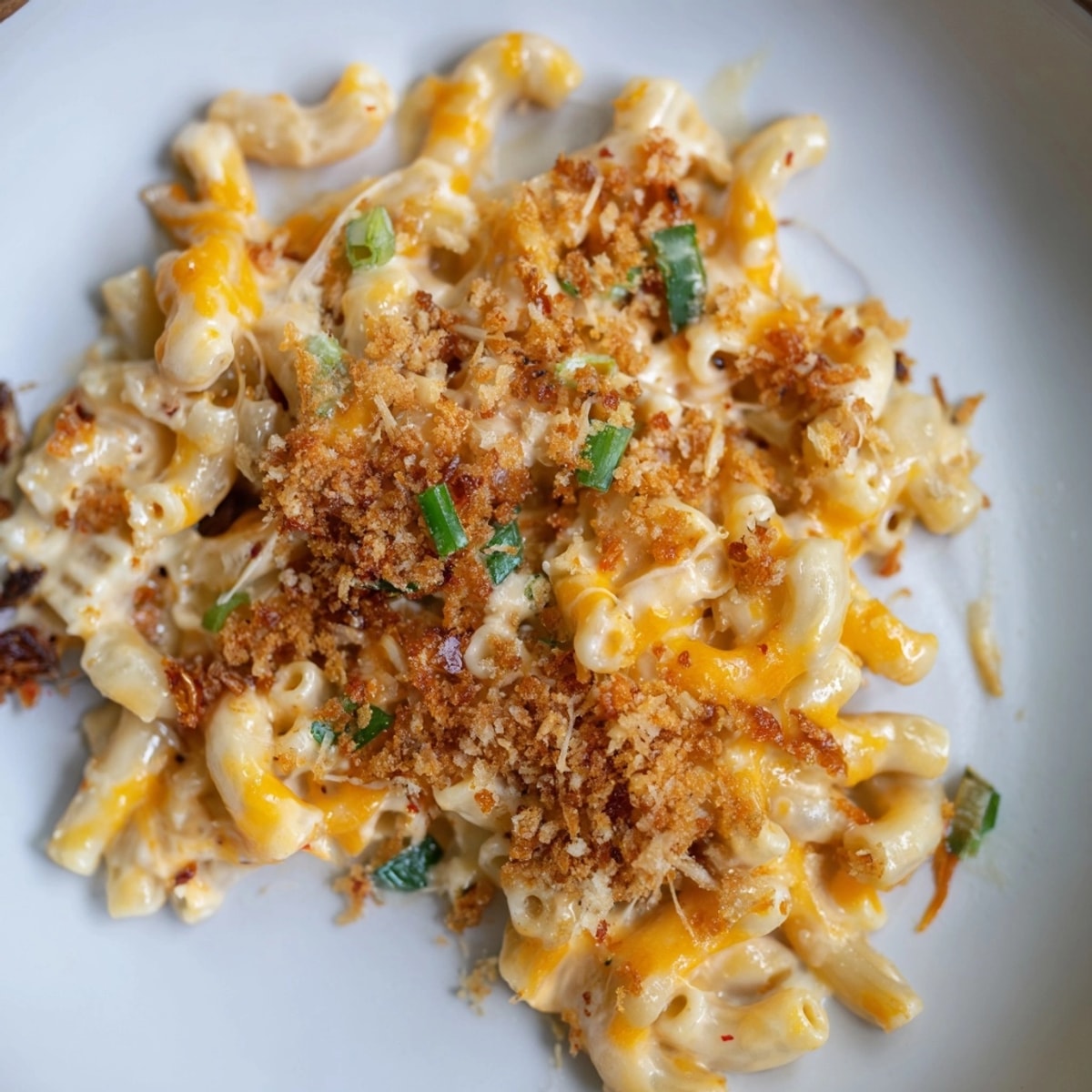 Close-up of Spicy Kimchi Mac &amp; Cheese: Creamy, textured, and ready to be served hot.