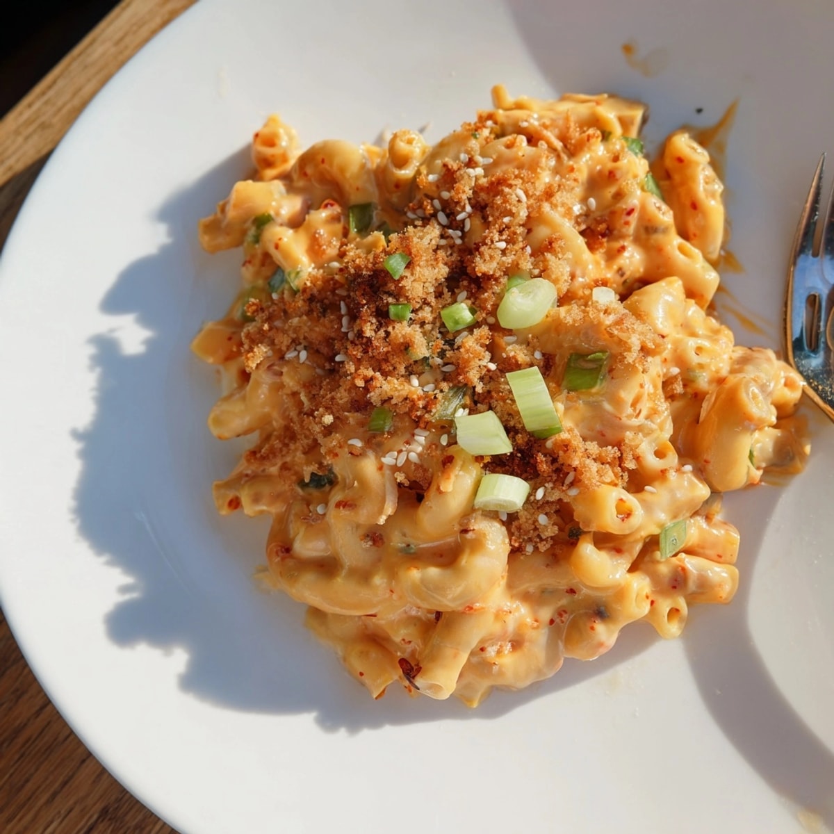Homemade Spicy Kimchi Mac &amp; Cheese, a savory and spicy cheesy comfort food recipe.