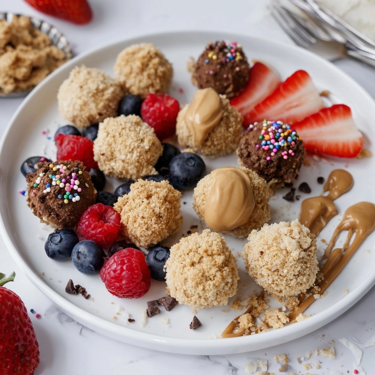 Deconstructed dessert board: Cheesecake bites gleam alongside fresh berries and rich chocolate sauce for dipping.
