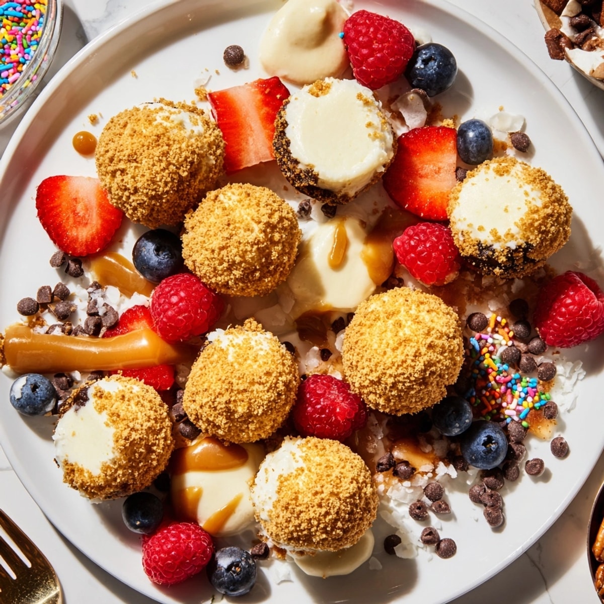 Interactive deconstructed dessert board with cheesecake bites and toppings invites customized flavor combinations.