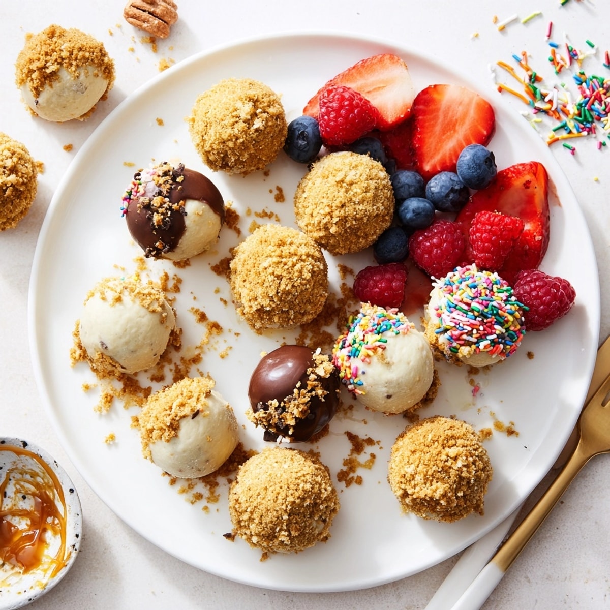 Creamy deconstructed cheesecake bites on a dessert board, piled high with colorful, delicious toppings.