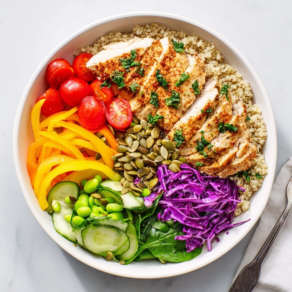 Stack of Healthy Meal-Prep Bowls showing chicken, rainbow vegetables, and a lemon-Dijon dressing.