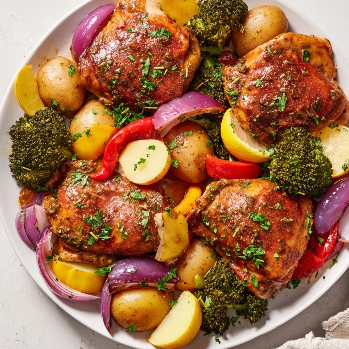 Golden Lazy Gourmet Chicken & Vegetable One-Pot, ready to serve with parsley and lemon.
