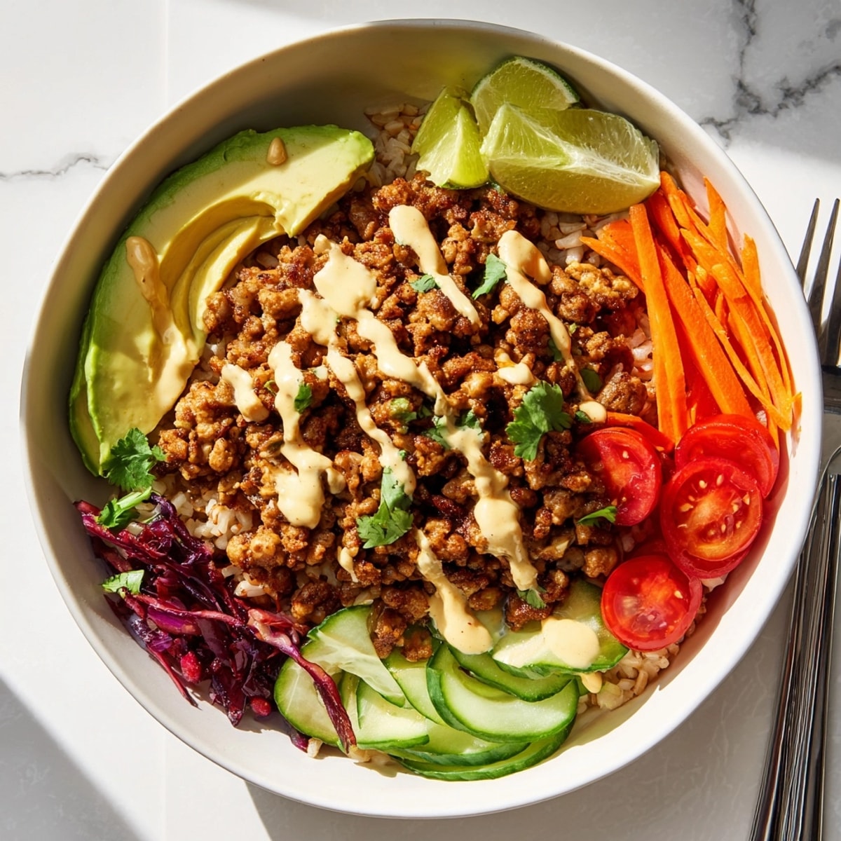 Overhead shot of a colorful homemade Plant-Based Meat Bowl, saucy and garnished.
