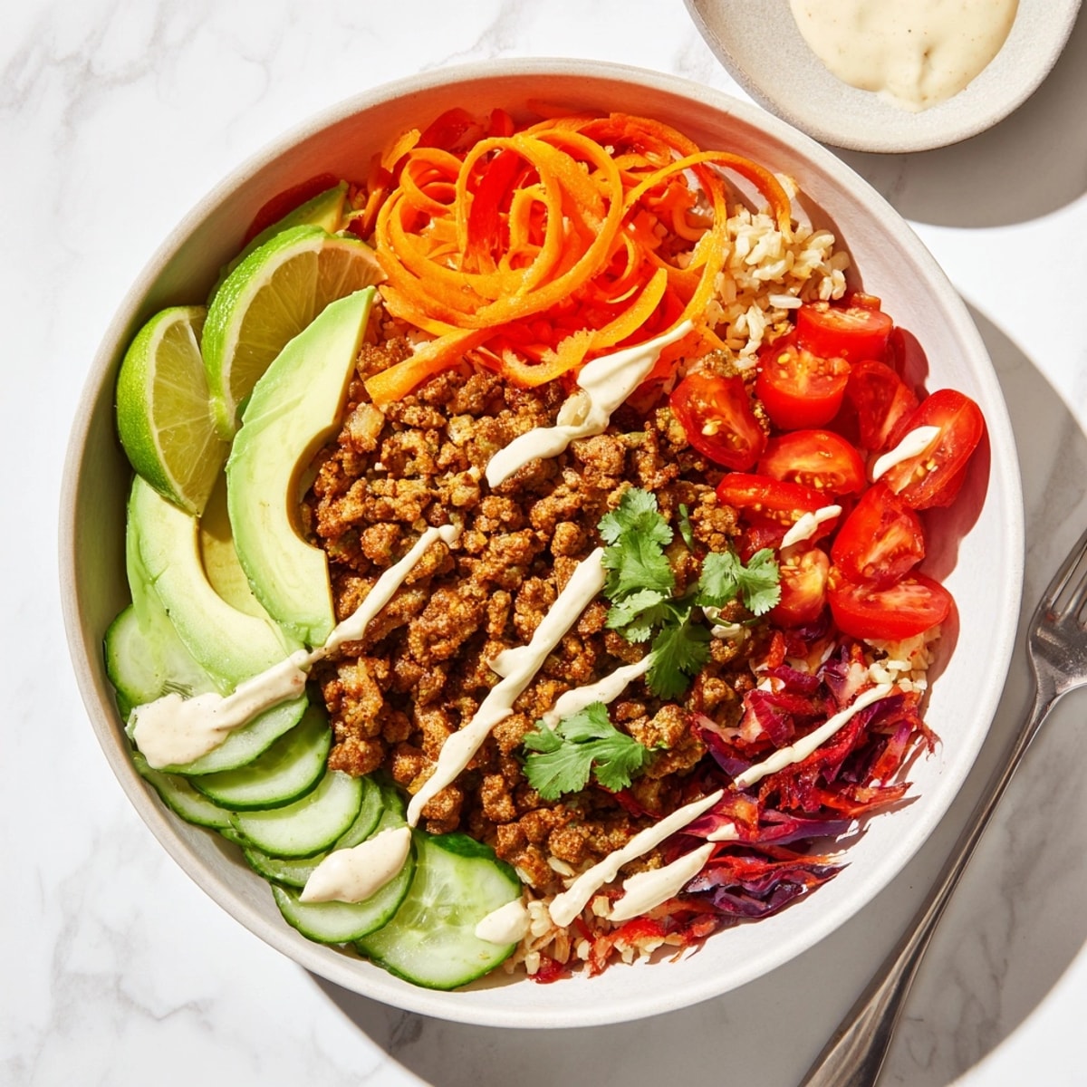 Top-down view of a delicious Plant-Based Meat Bowl, showcasing fresh avocado and veggies.