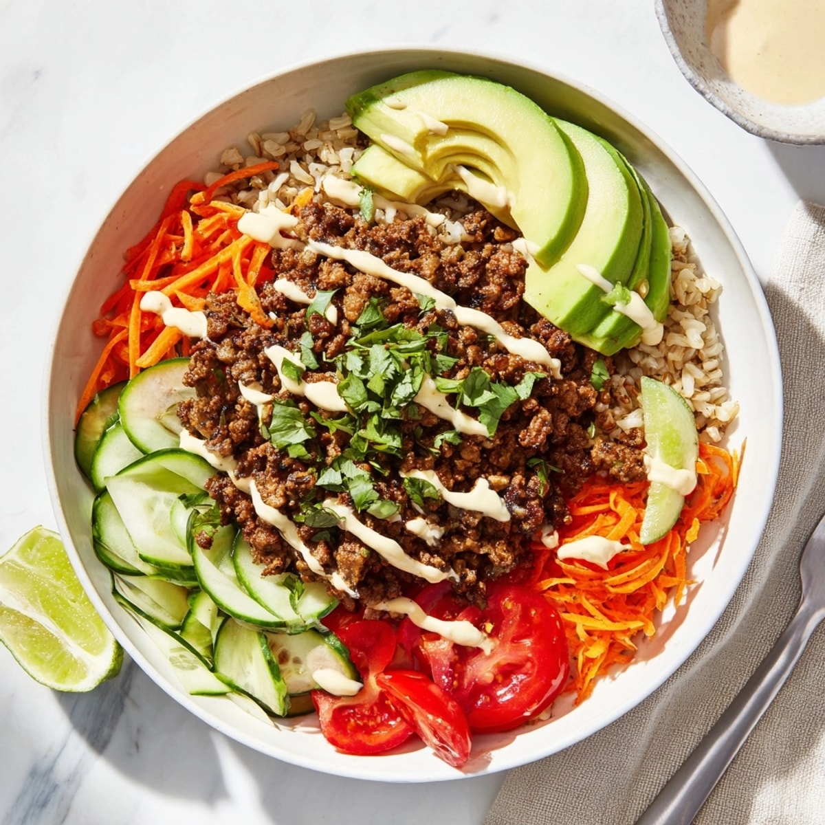 Close-up of a vibrant, spicy Plant-Based Meat Bowl, ready to be served and enjoyed.