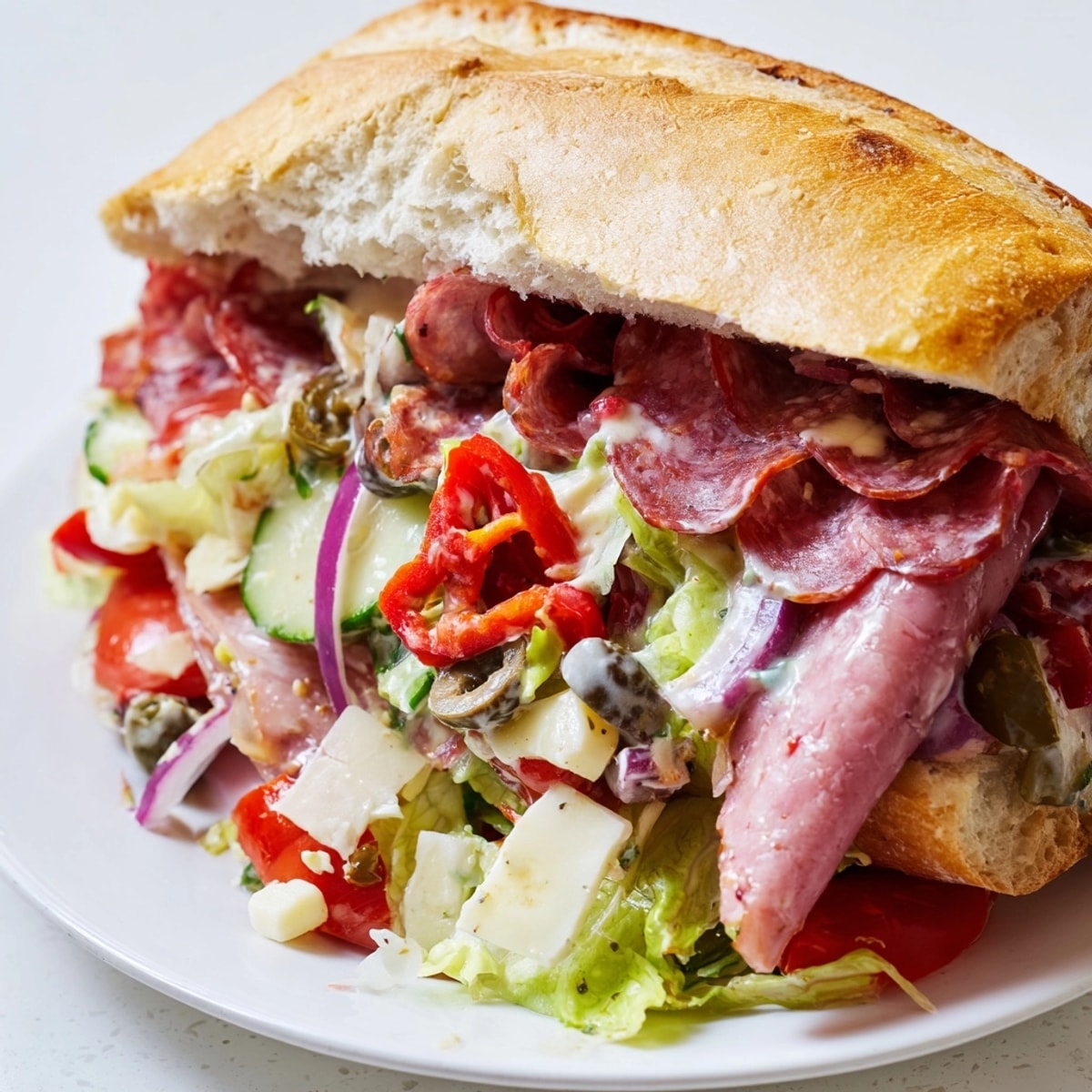 Flavor Mash-Up Sandwiches: An Italian chopped salad stuffed inside crusty rolls, dripping with creamy dressing.