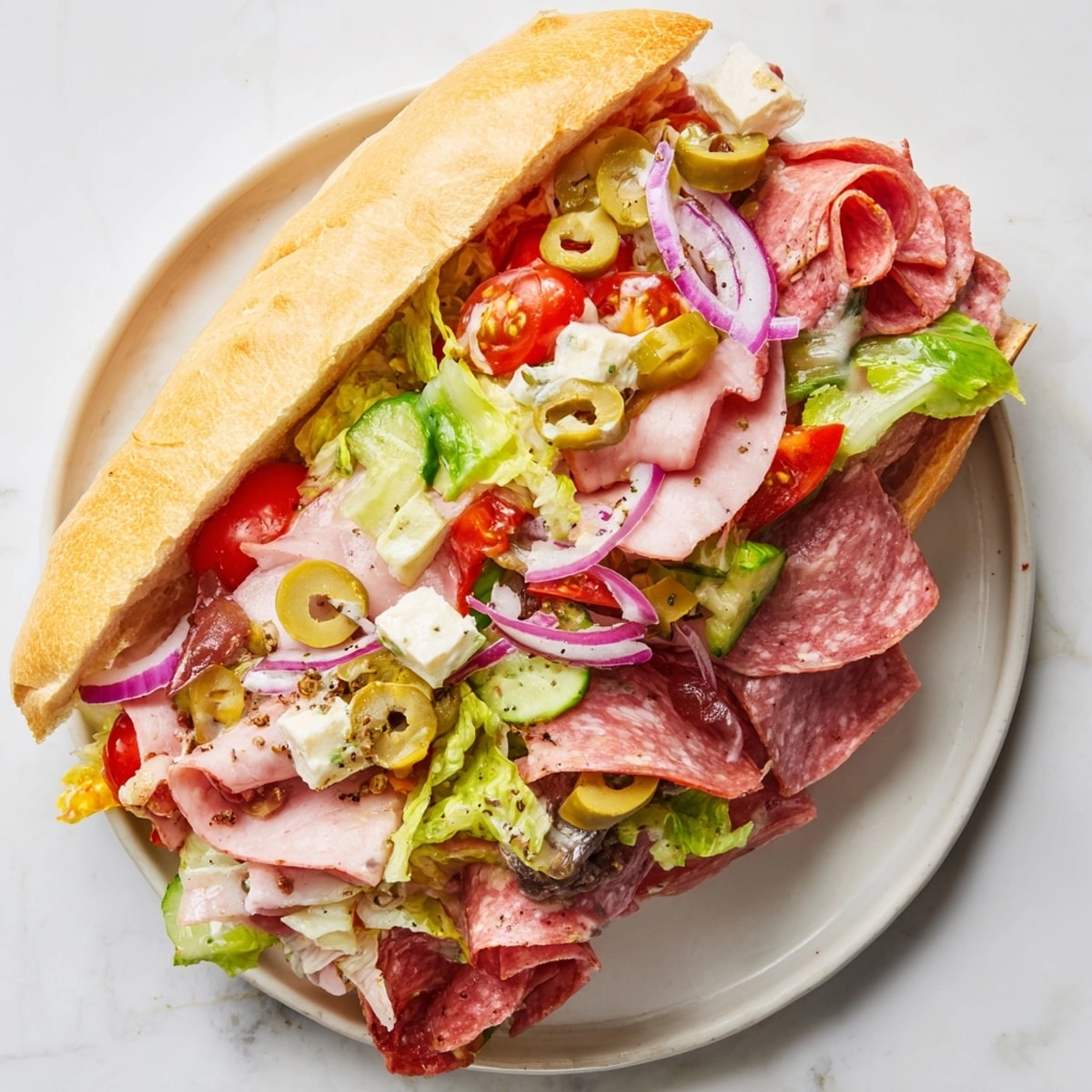 A towering Flavor Mash-Up Sandwich, bursting with savory meats, cheeses, and colorful fresh vegetables.