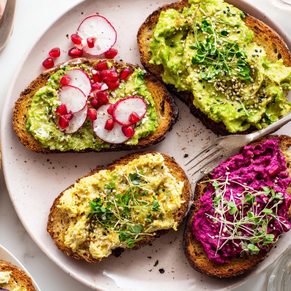 Bright & Bold Breakfast Toasts with ube, avocado, and sesame seeds, ready to eat.