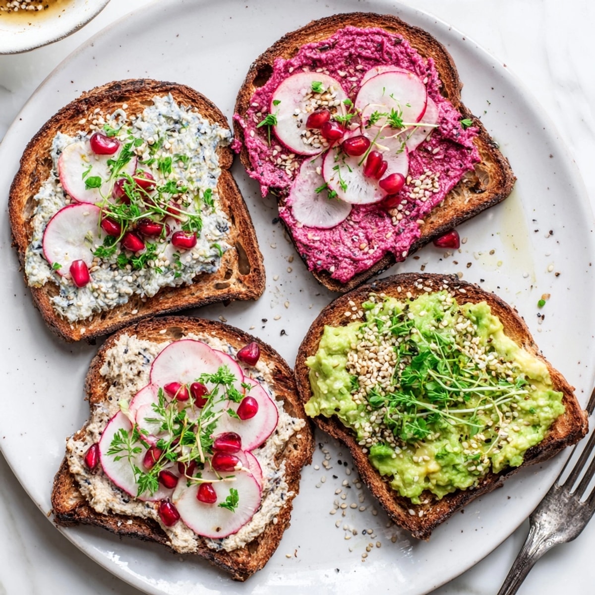 Vibrant Bright &amp; Bold Breakfast Toasts, topped with radishes and microgreens for a delicious snack.