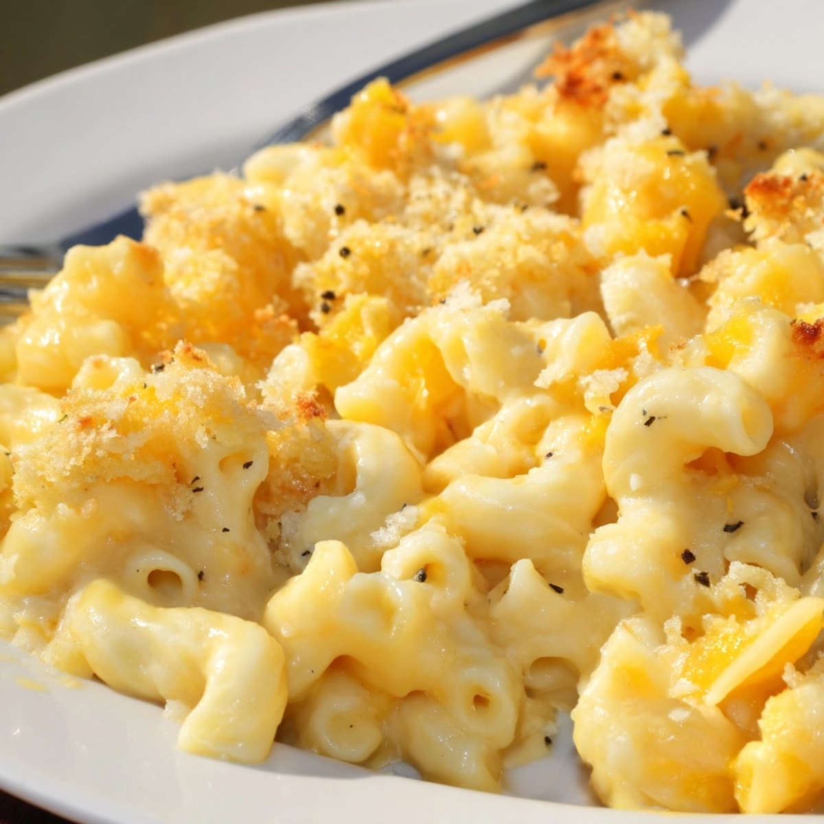 Close-up of baked Butternut Squash Mac and Cheese, bubbly and topped with crisp breadcrumbs.