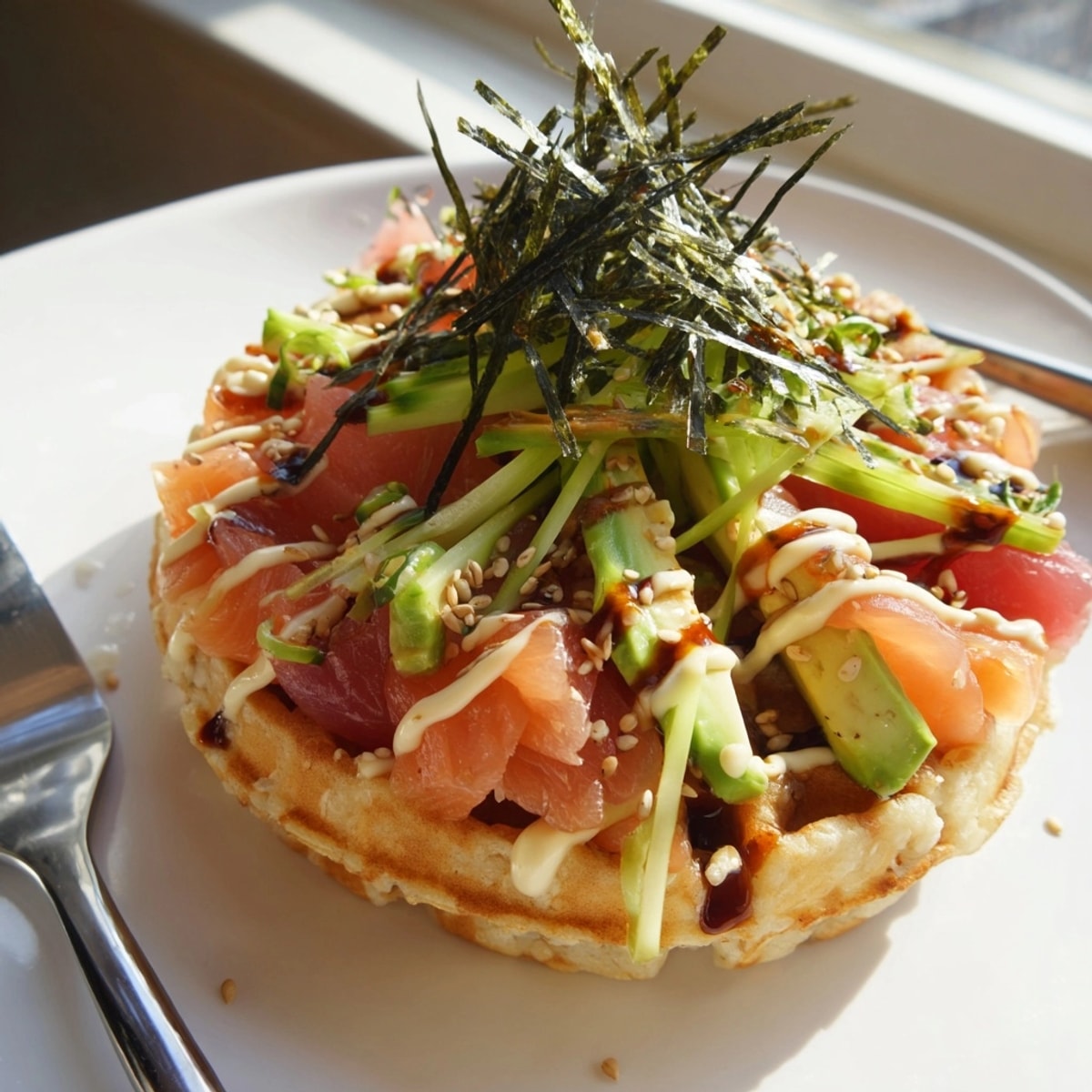 Golden, crispy Sushi Waffle, topped with fresh salmon, tuna, and creamy avocado.