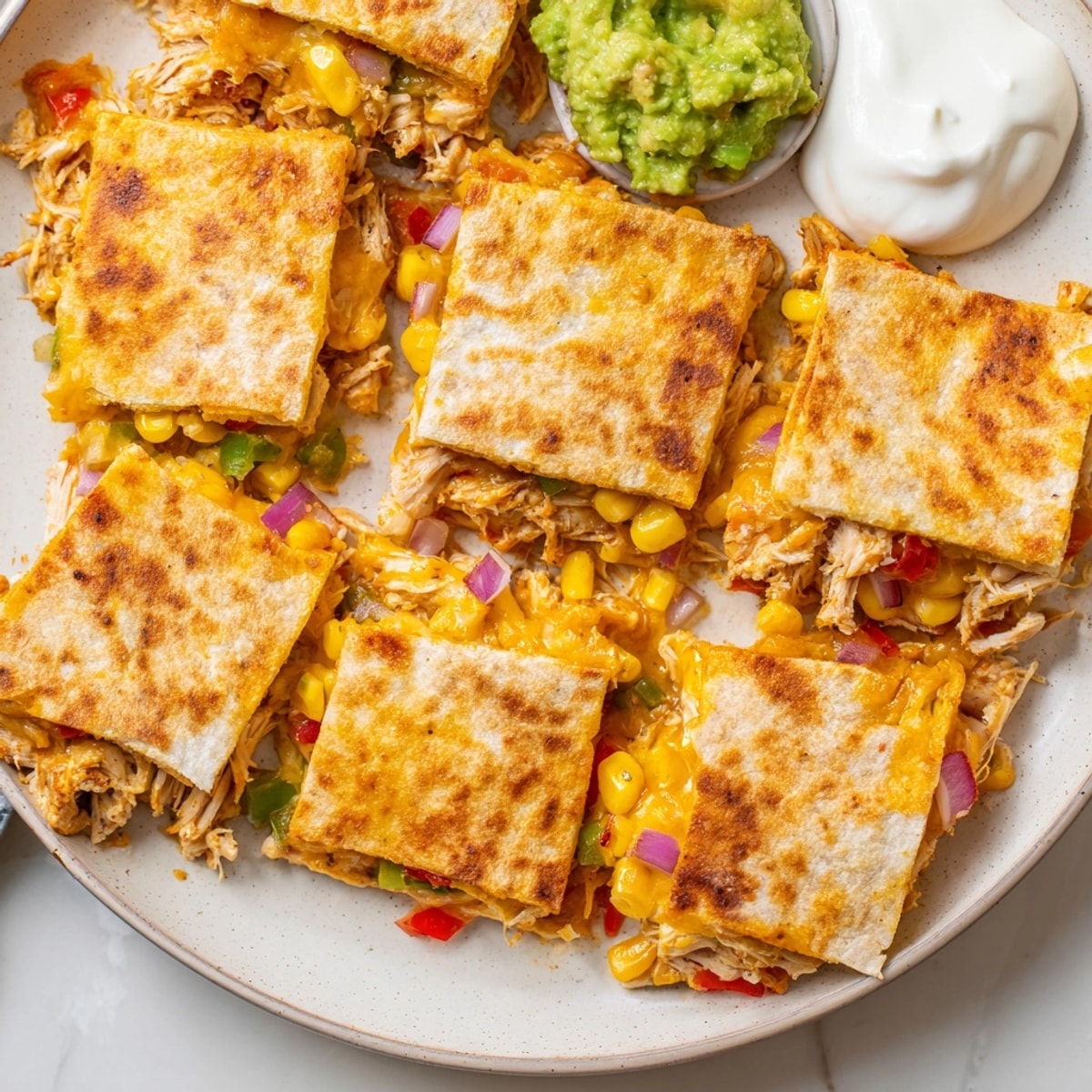 Sheet Pan Quesadillas: a large baking pan filled with savory fillings, ready to be sliced.