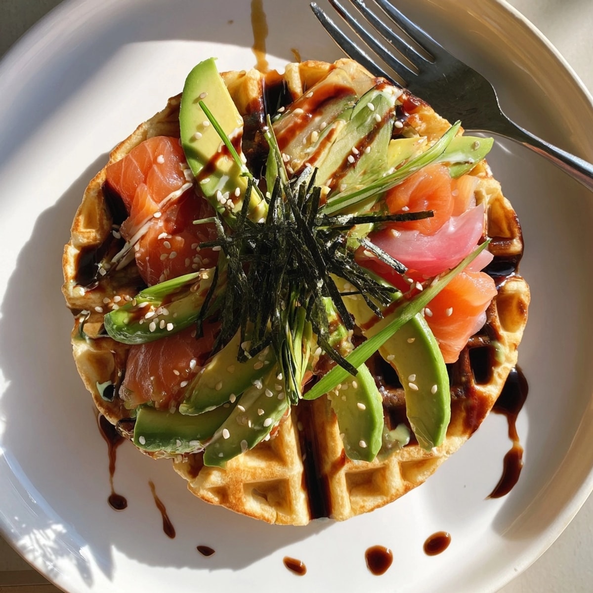 Close-up of a savory Sushi Waffle with vibrant toppings, ready for a delightful fusion brunch.