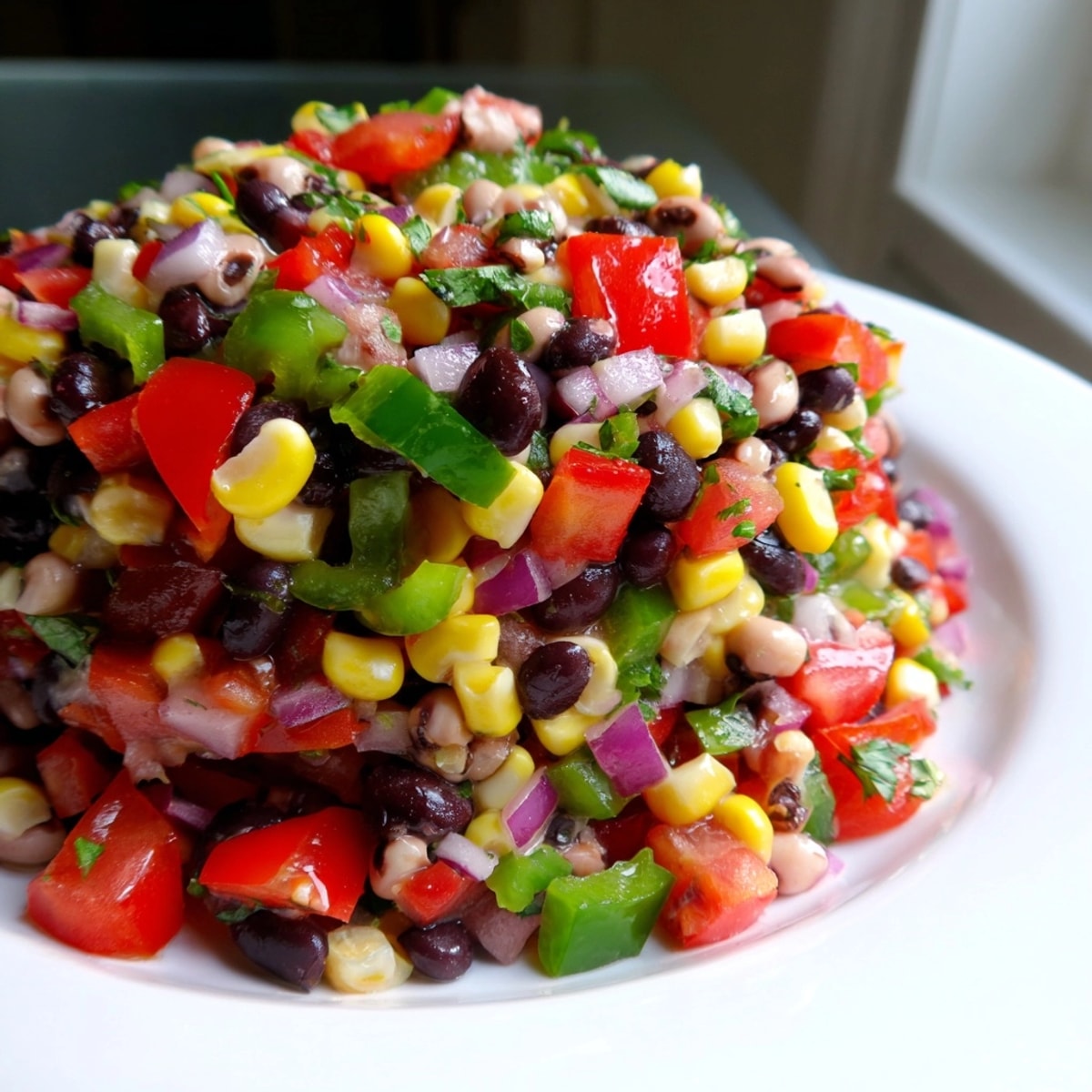 Colorful Cowboy Caviar recipe ready to serve, bright diced vegetables glistening with lime dressing.