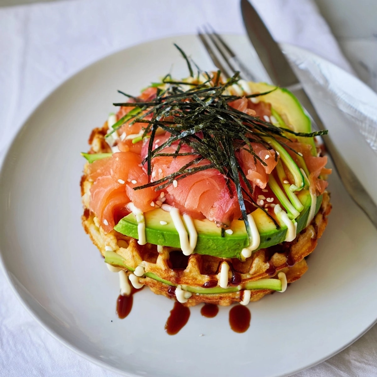 Imagine a warm, textured Sushi Waffle, layered with cool fish and sesame seeds.