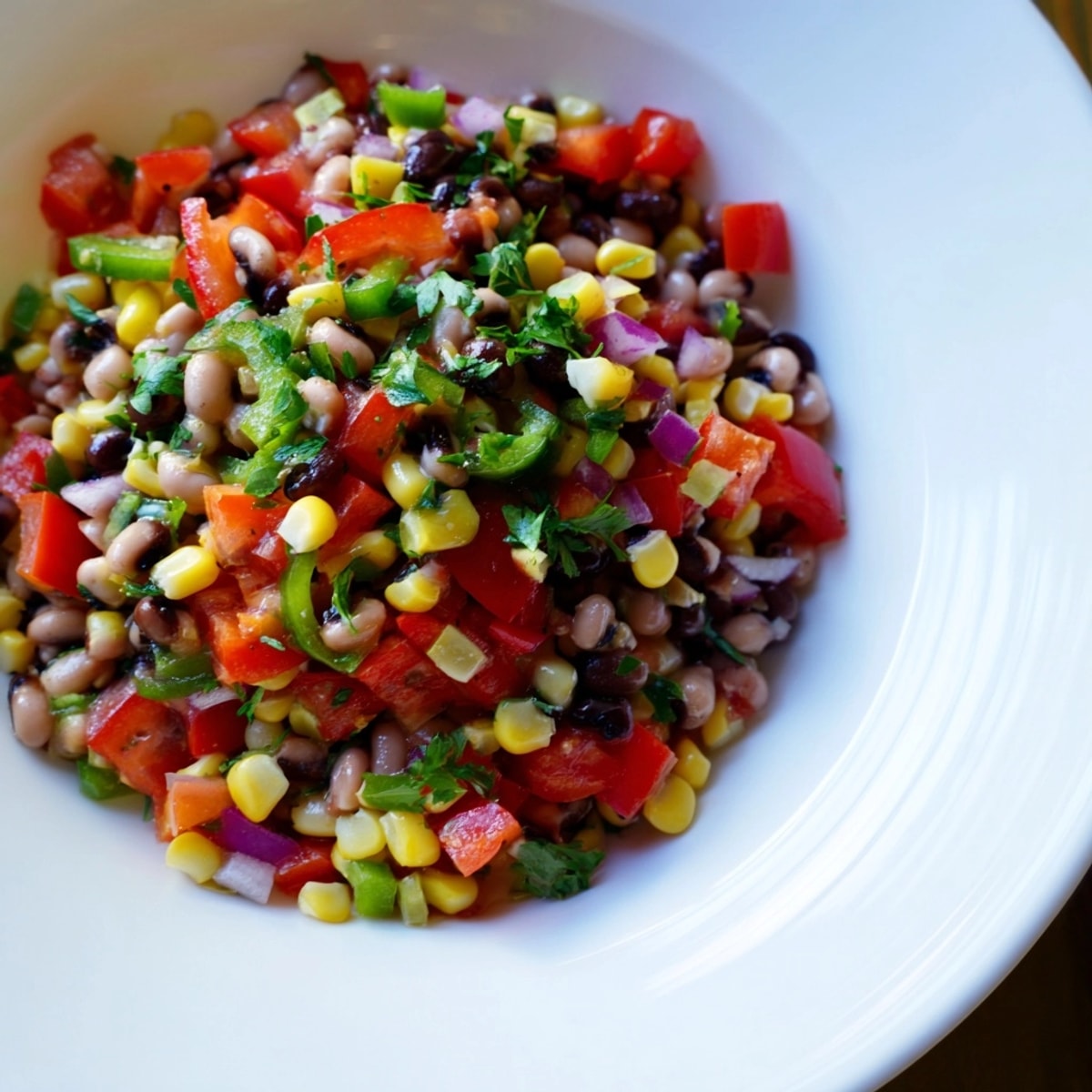 Close-up of fresh Cowboy Caviar, showing the vibrant mix of beans and colorful vegetables.