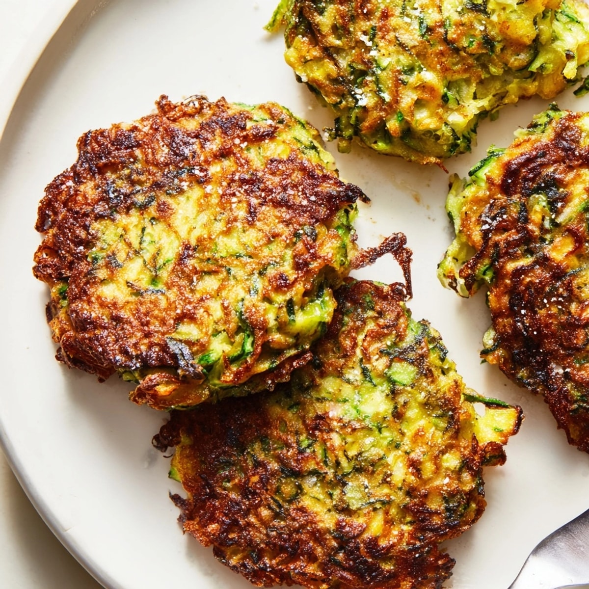 Golden brown Zucchini Fritters, crispy edges visible, are plated with creamy Greek yogurt.