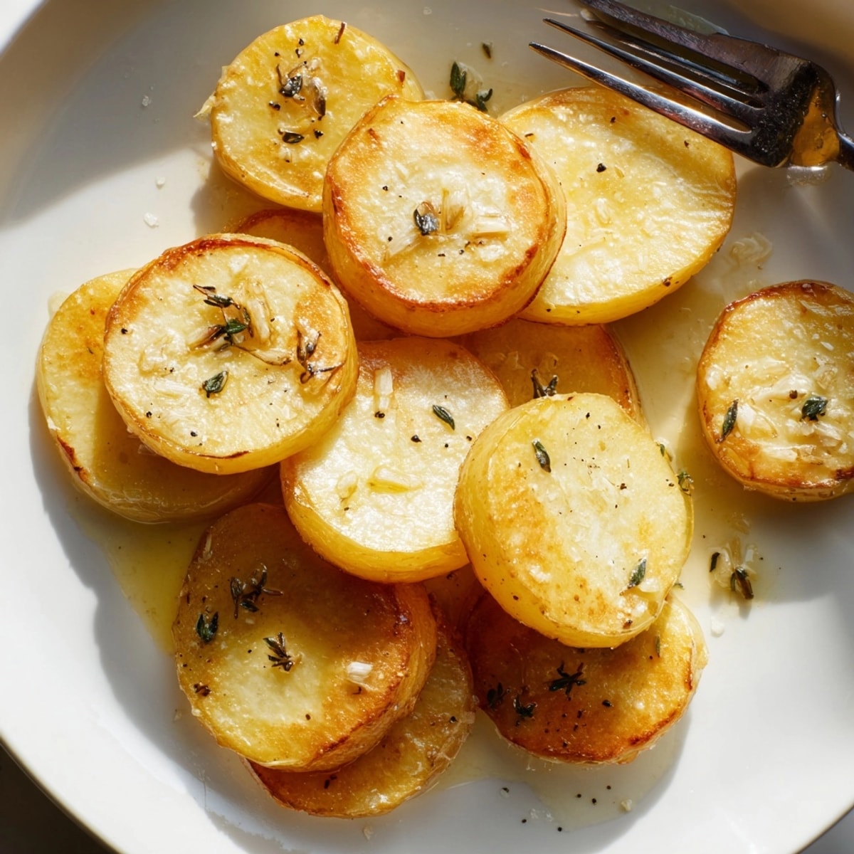 Golden-brown Melting Potatoes, crisp edges glistening with buttery herb sauce, ready to serve.