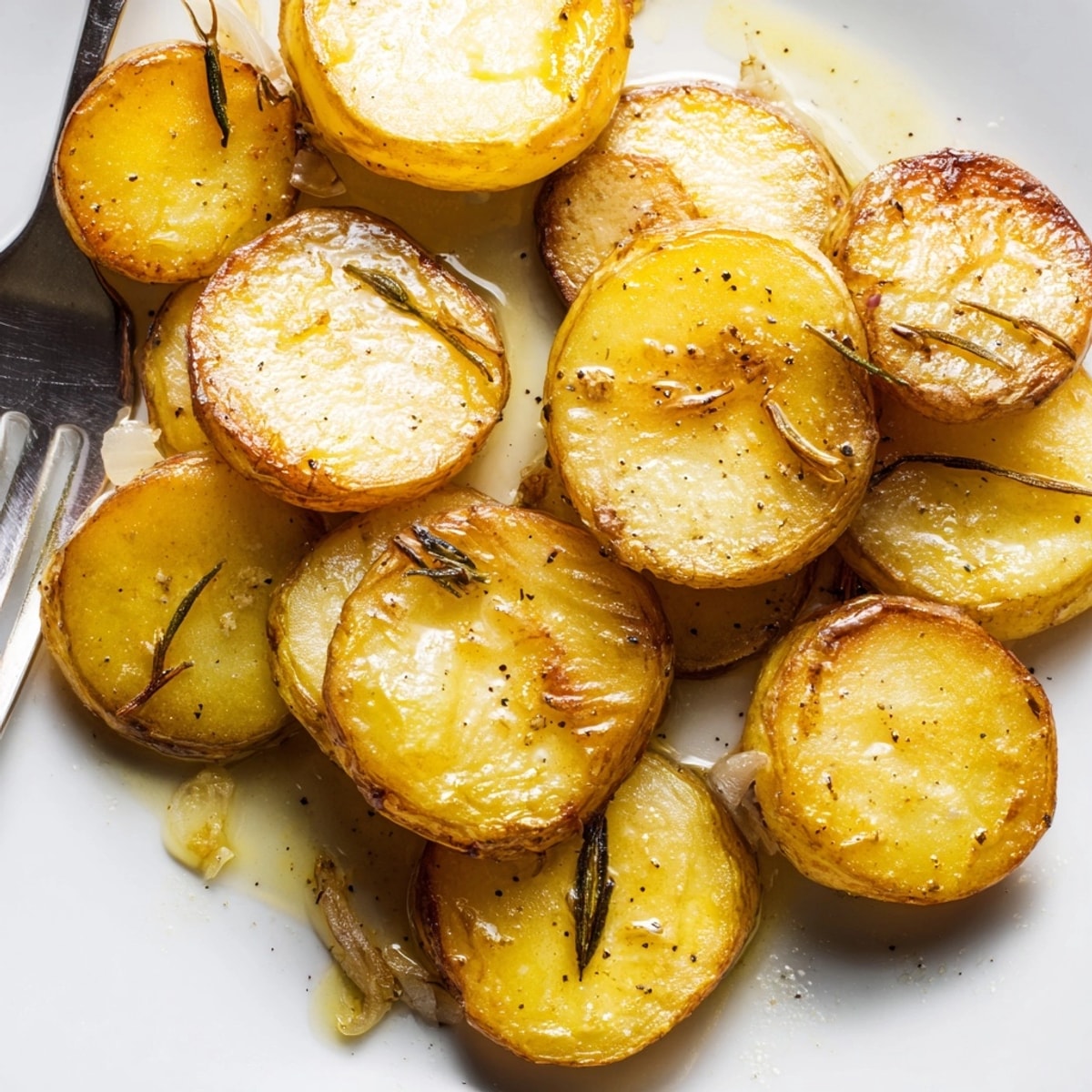 Close-up of juicy Melting Potatoes roasting in a pan with garlic-infused broth.