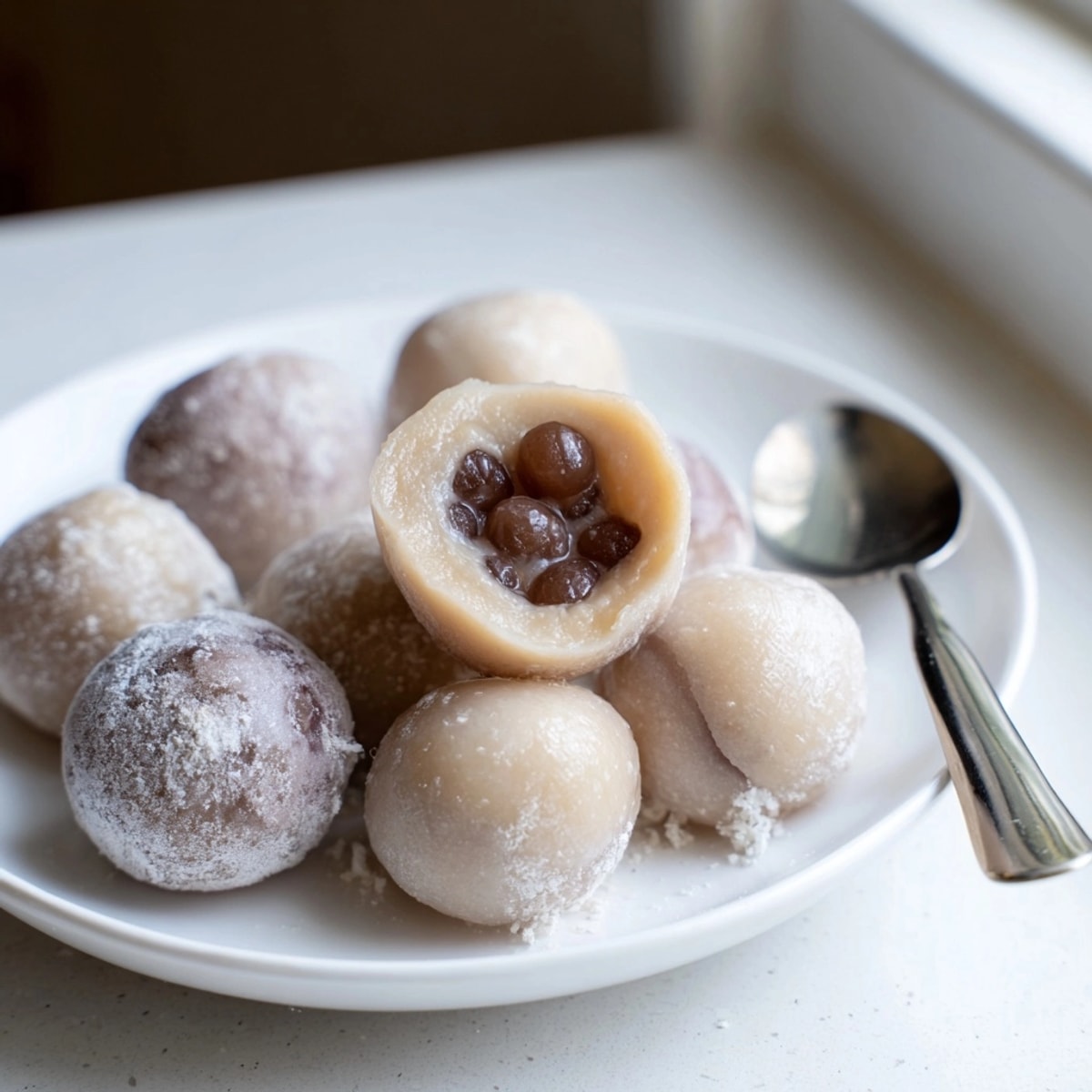 Close up of soft, chewy Bubble Tea Mochi, filled with brown sugar boba.