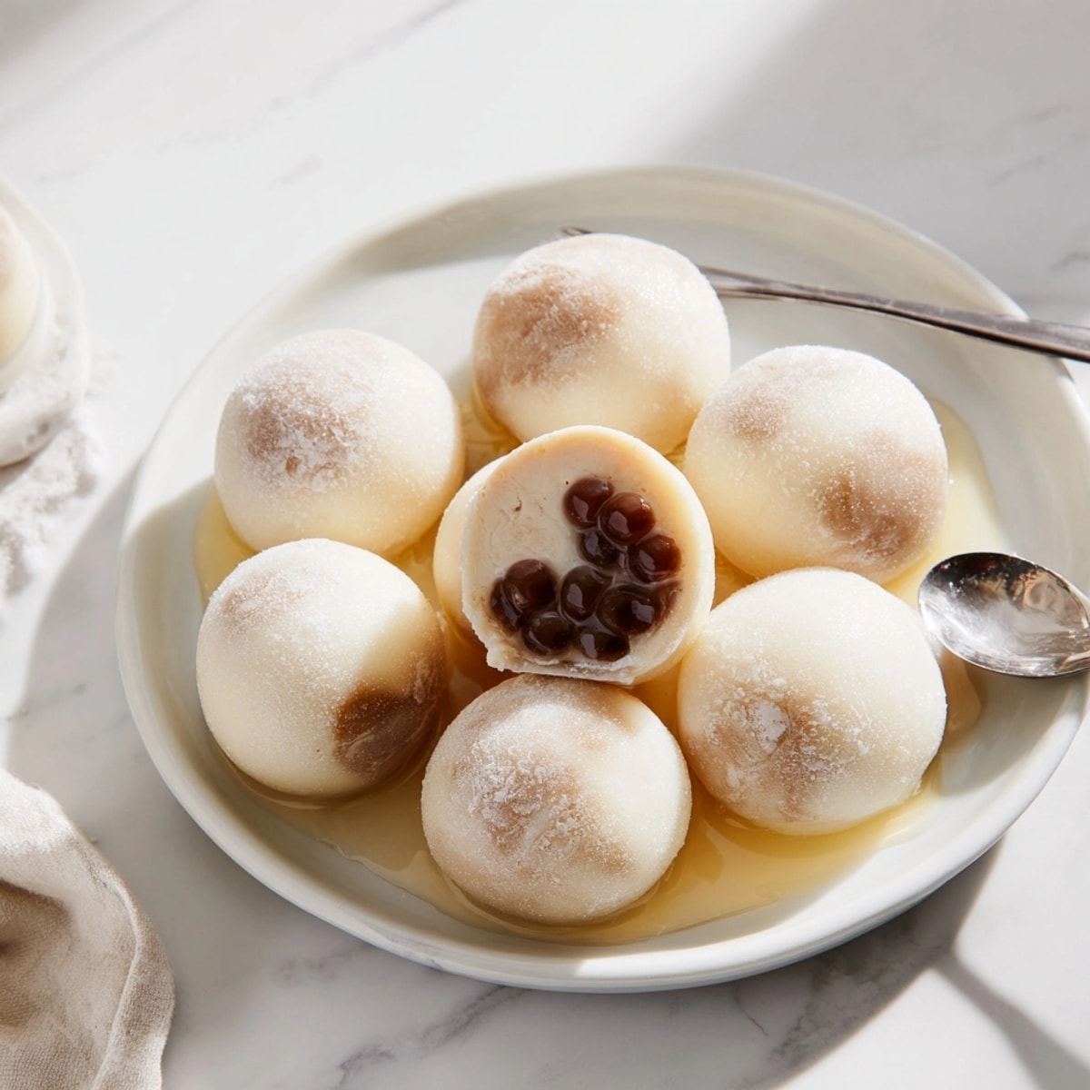 Homemade Bubble Tea Mochi recipe: sweet milk tea filling peeking from soft dough.