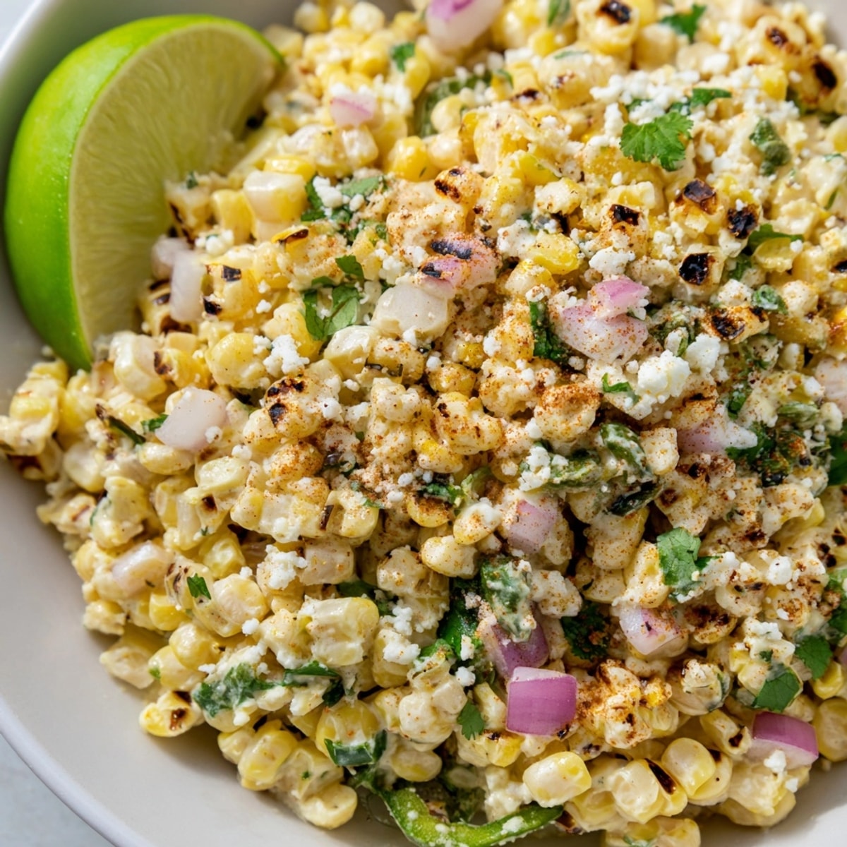 Close-up of bright, creamy Mexican Street Corn Salad, ready to serve with lime wedges.