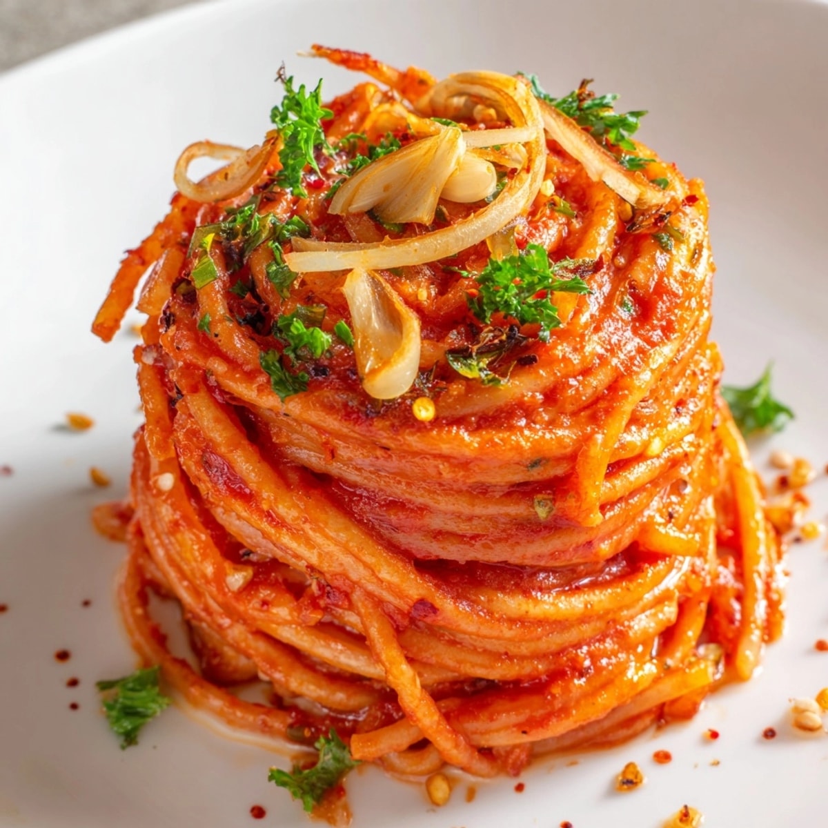 Close-up of spicy Assassins Spaghetti sizzling in tomato sauce, ready to serve hot.