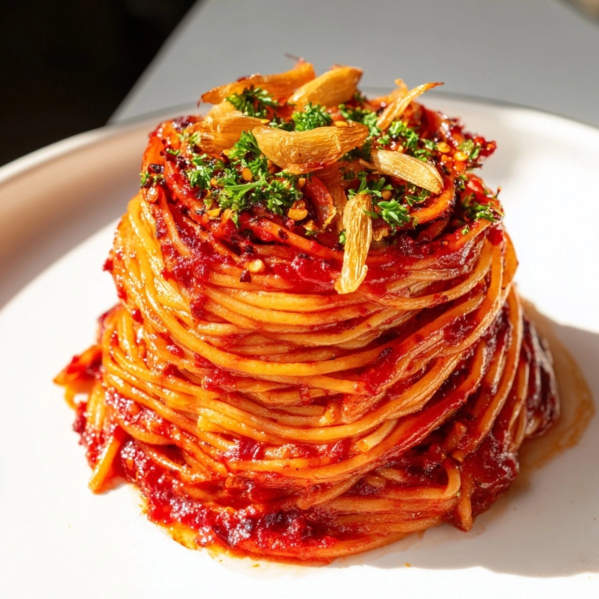 Authentic Assassins Spaghetti recipe: Crispy, caramelized pasta glistening in rich tomato sauce with fragrant garlic.