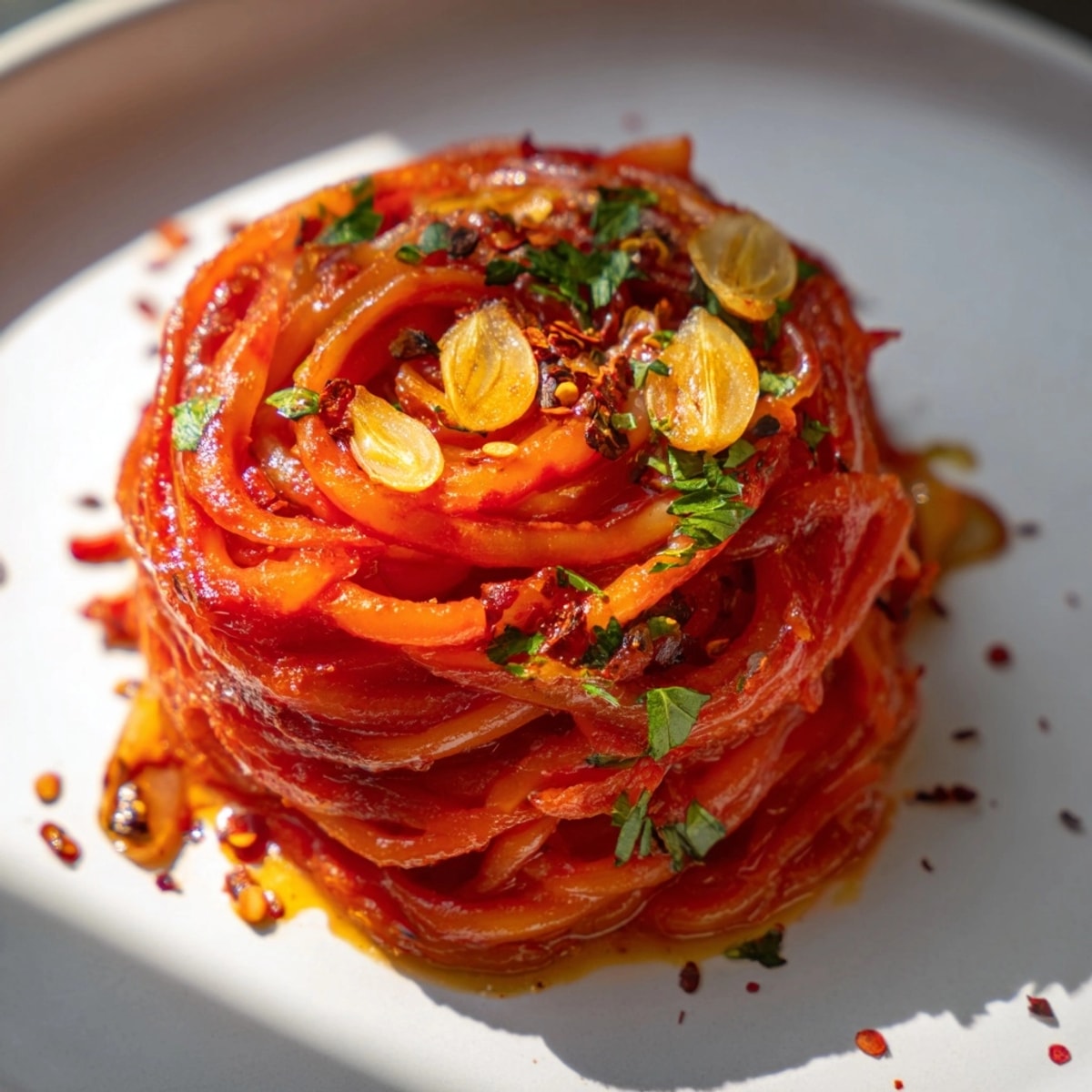 A delicious plate of charred Assassins Spaghetti, a bold Italian pasta dish cooked in passata.