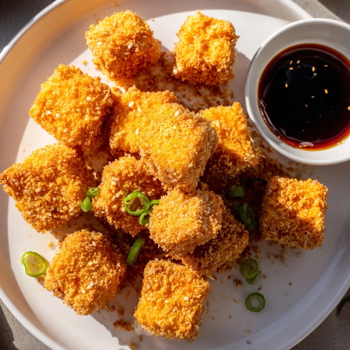 Golden Crispy Tofu Bites glistening with a savory sauce, ready for a quick and flavorful bite.
