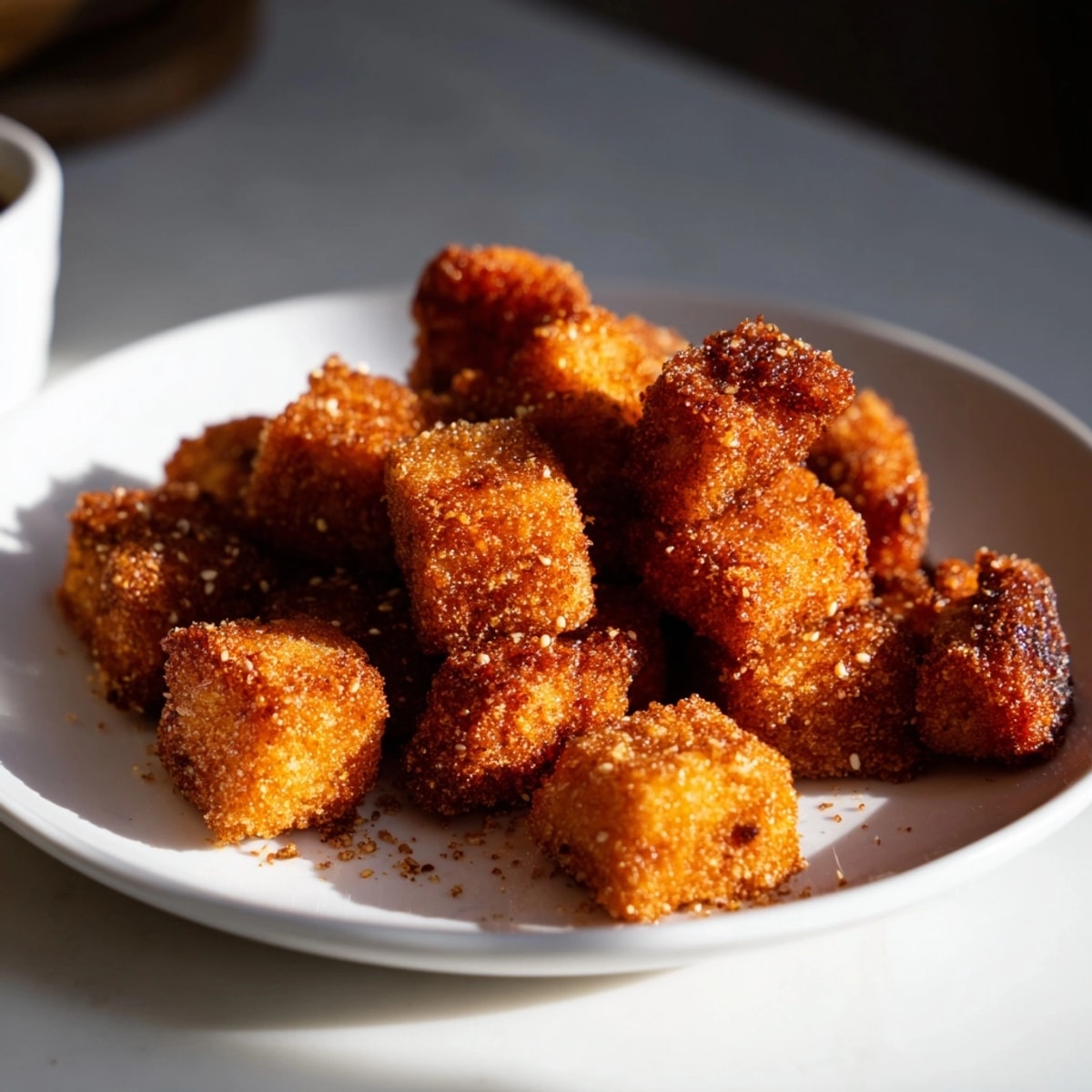 Close-up of perfectly fried Crispy Tofu Bites, seasoned and served alongside a spicy dipping sauce.