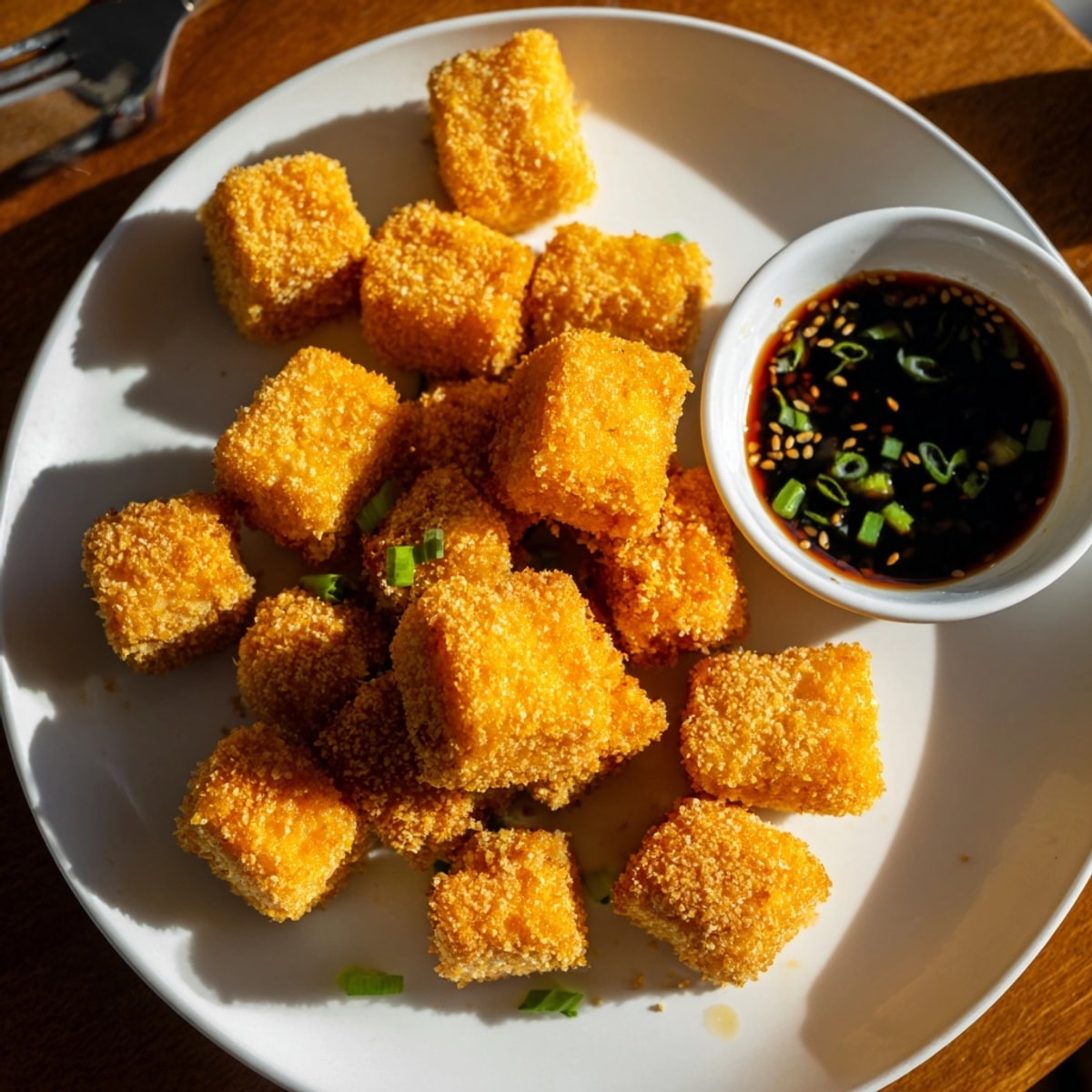 Vegan appetizer: pile of homemade Crispy Tofu Bites showcasing their crunchy texture and tempting appearance.