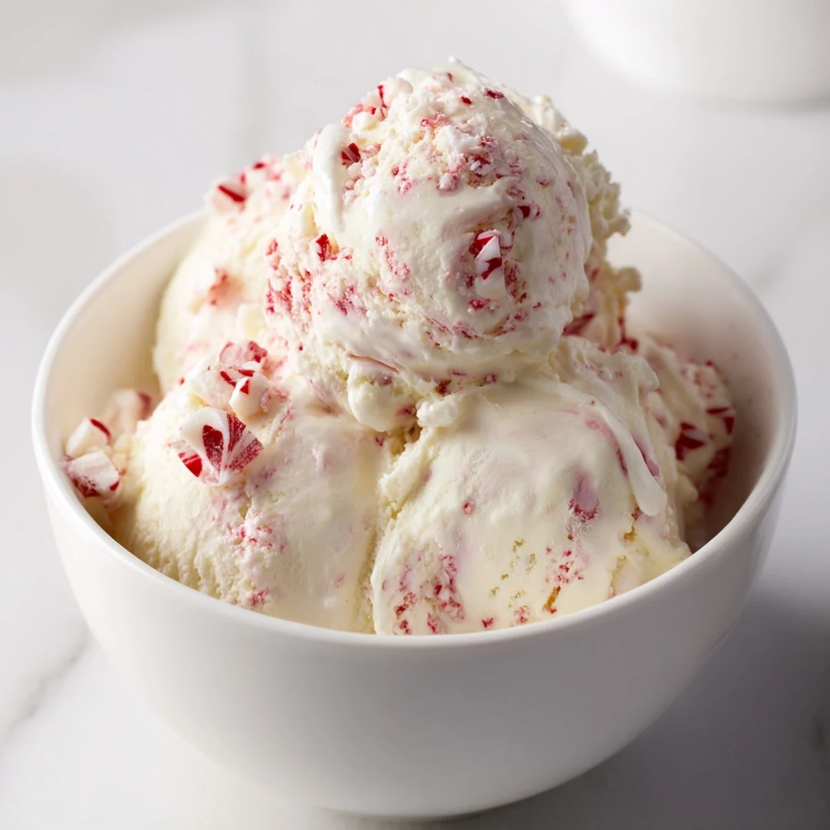 A scoop of vibrant, creamy peppermint ice cream, swirled with crushed candy bits.