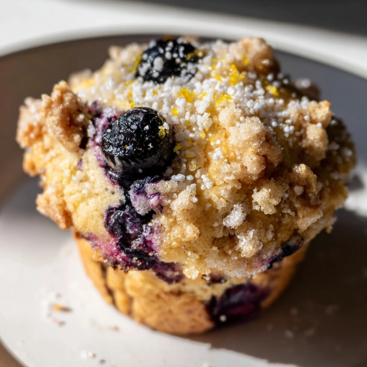 Golden-topped lemon blueberry muffins, bursting with fresh blueberries, a perfect breakfast treat.