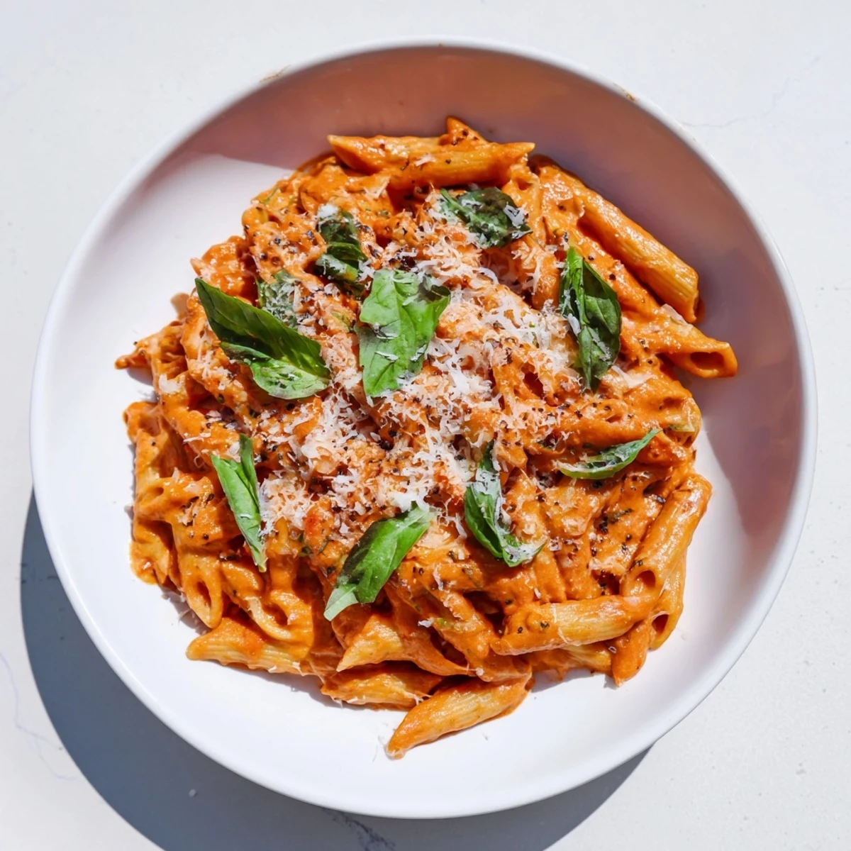 Creamy tomato pasta, a comforting dish with a luscious cream sauce and fresh basil garnish.