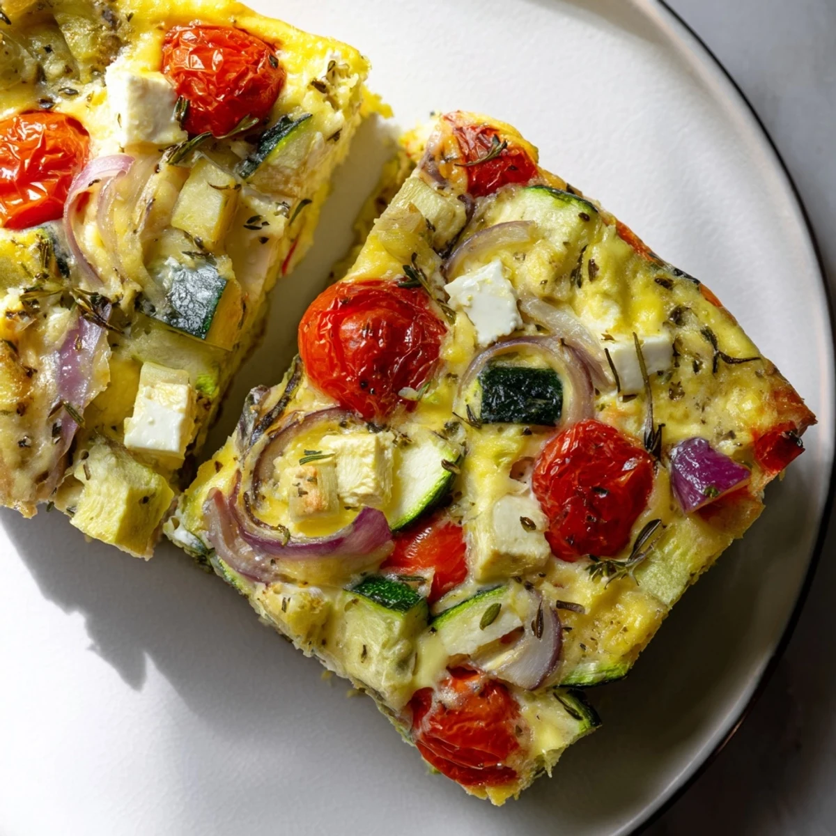 Sizzling oven-baked Roasted Vegetable Frittata, showcasing tender bell peppers and a creamy feta cheese topping.