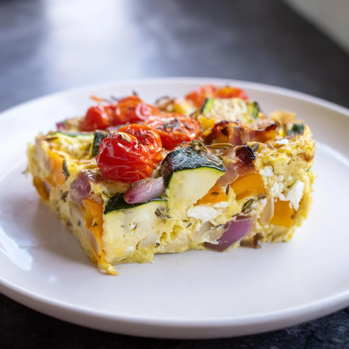 Golden-brown Roasted Vegetable Frittata, filled with colorful roasted veggies and fluffy eggs, ready to eat.
