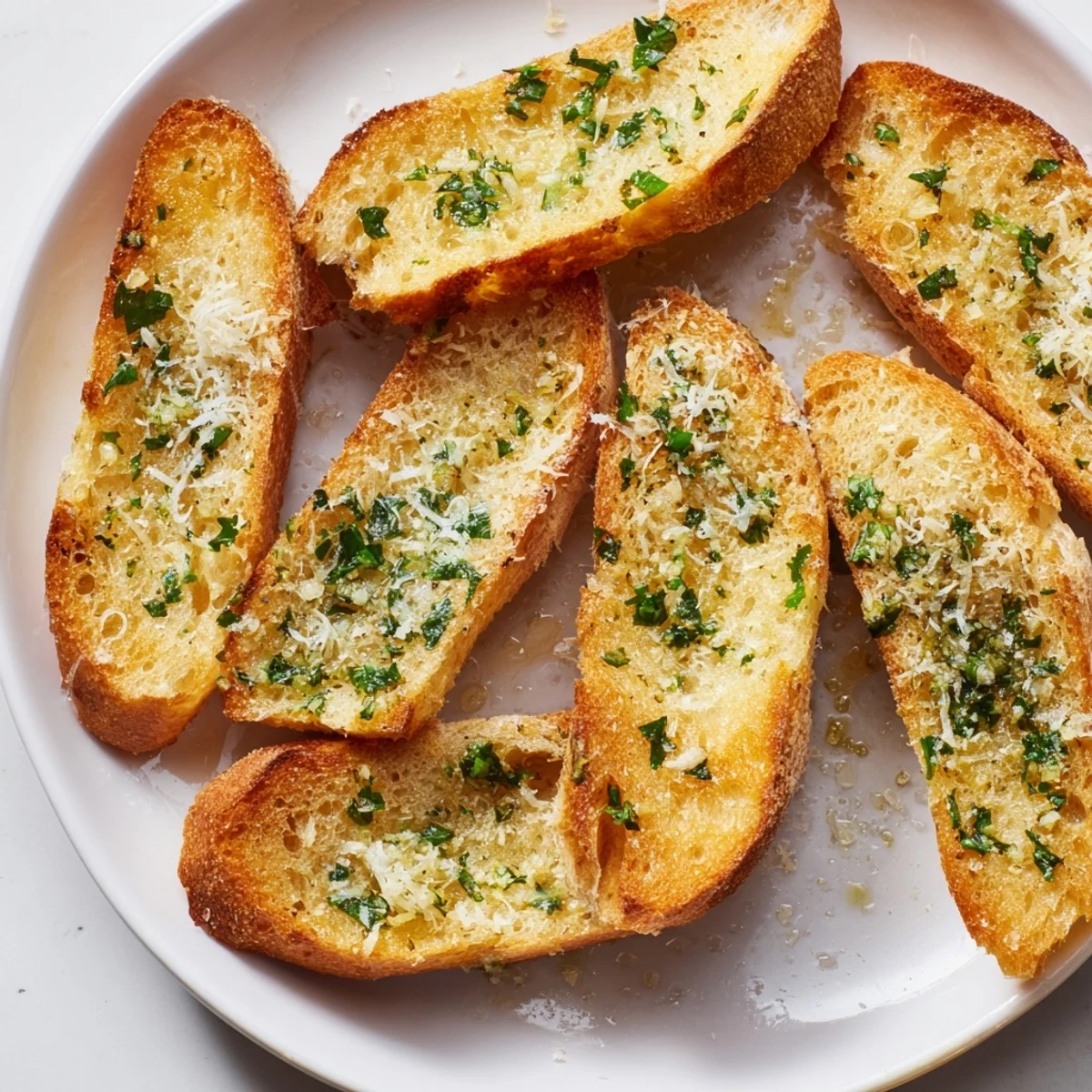 Golden garlic toast, fresh from the oven, with crispy edges and a delicious aroma.