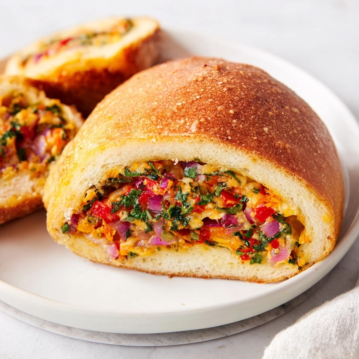 Warm savory rolls, showcasing a cheese and vegetable filling, ready to serve for your next gathering.