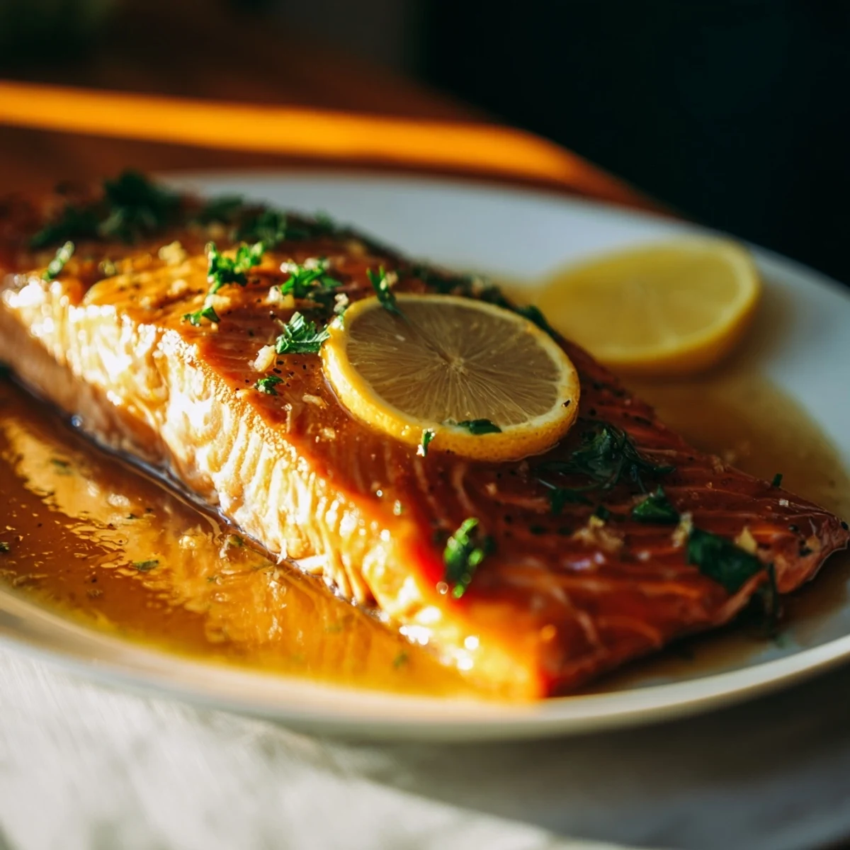 Crispy skin salmon, perfectly cooked and glistening, served with a vibrant lemon butter sauce.