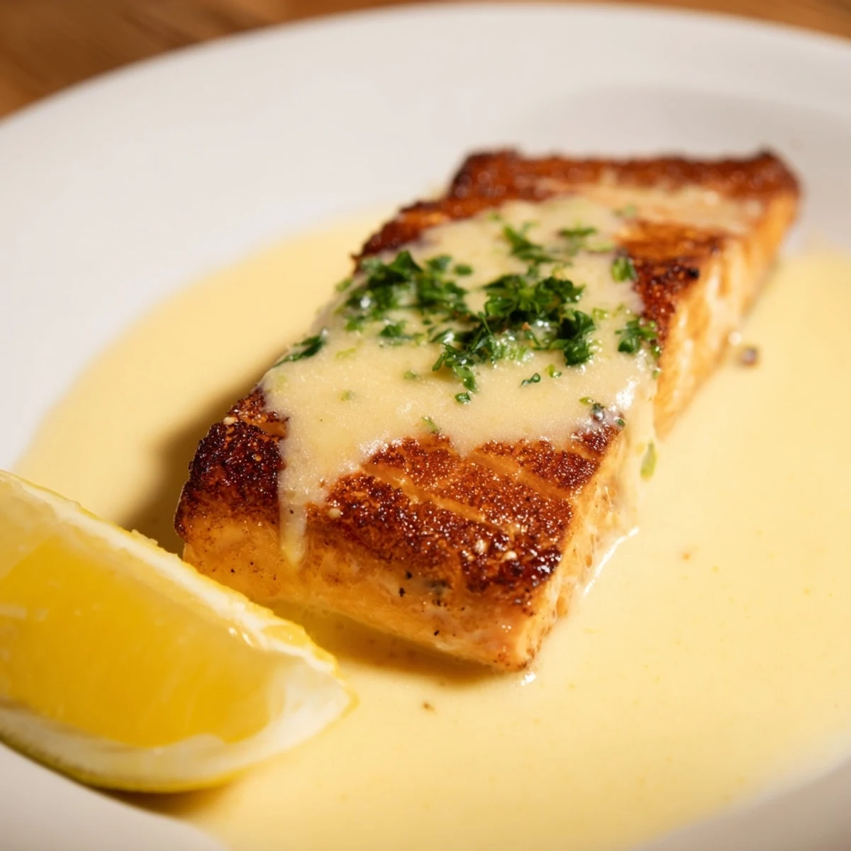 A close-up of delicious crispy skin salmon, plated with lemon wedges and a fresh herb garnish.