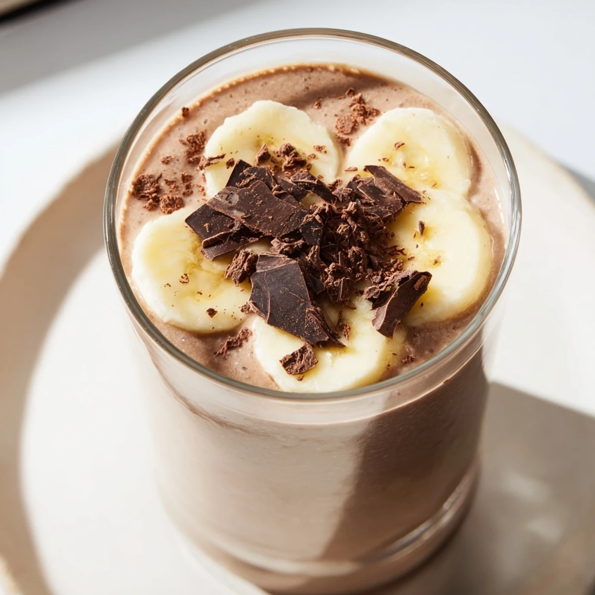 A thick, blended Chocolate Banana Smoothie, perfectly smooth with a rich chocolate aroma, ready to serve.