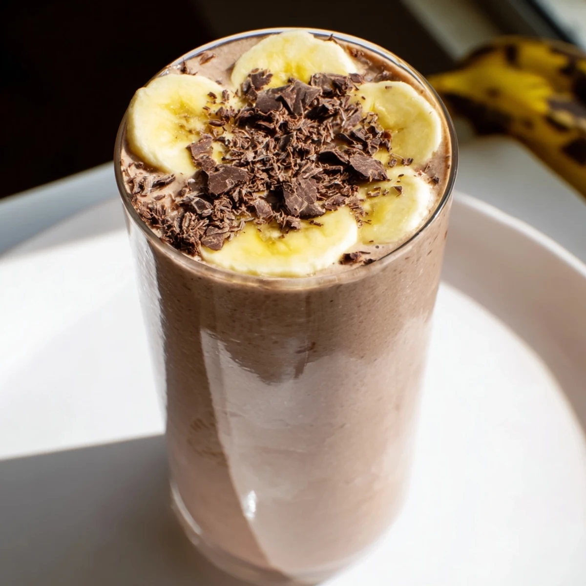 Chocolate Banana Smoothie swirled in a glass, a vibrant, cold drink perfect for breakfast.