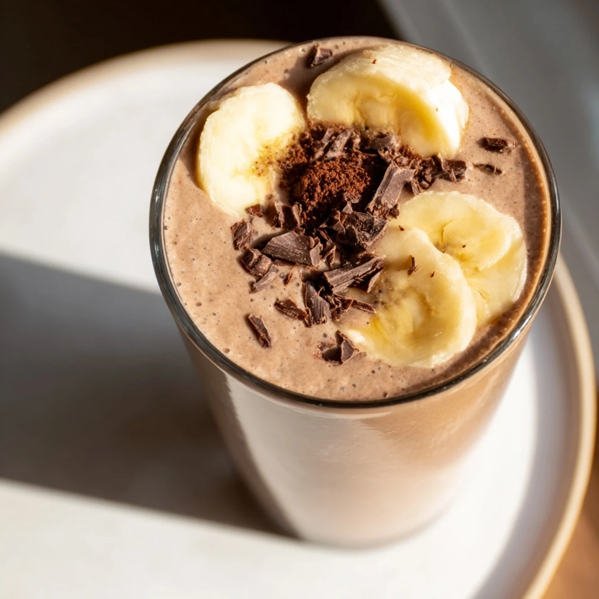 Enjoy a refreshing Chocolate Banana Smoothie, a creamy treat, garnished with a sprinkle of cocoa powder.