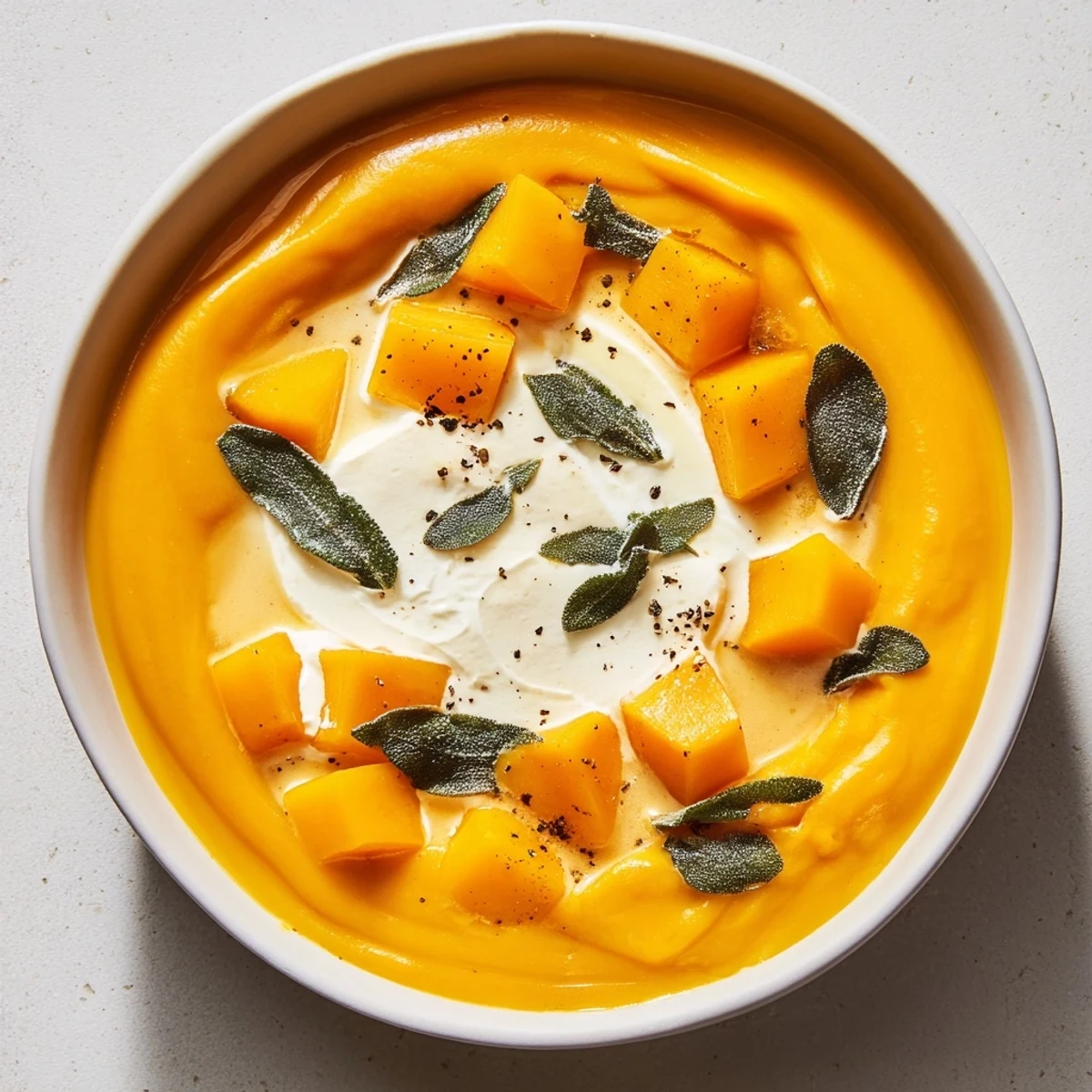 Steaming bowl of butternut squash soup with sage, garnished, offering a taste of fall.