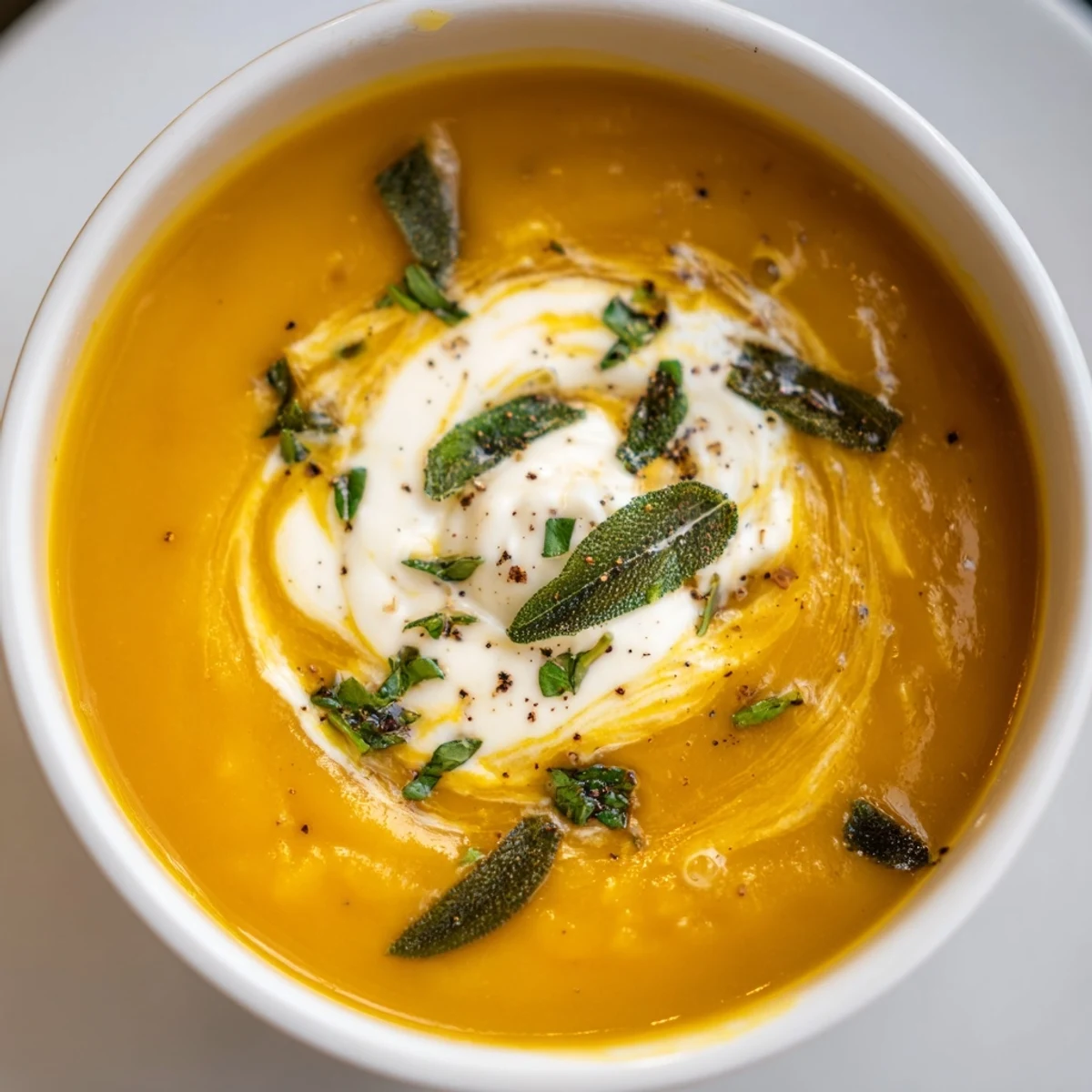 Inviting photo of rich butternut squash soup with sage, perfect for a cozy, comforting lunch.